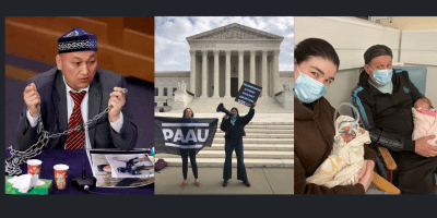 Left to right: witness at the Uyghur Tribunal in London; members of the new organisation Progressive Anti-Abortion Uprising demonstrate outside the US Supreme Court; Tori O'Rourke and family.